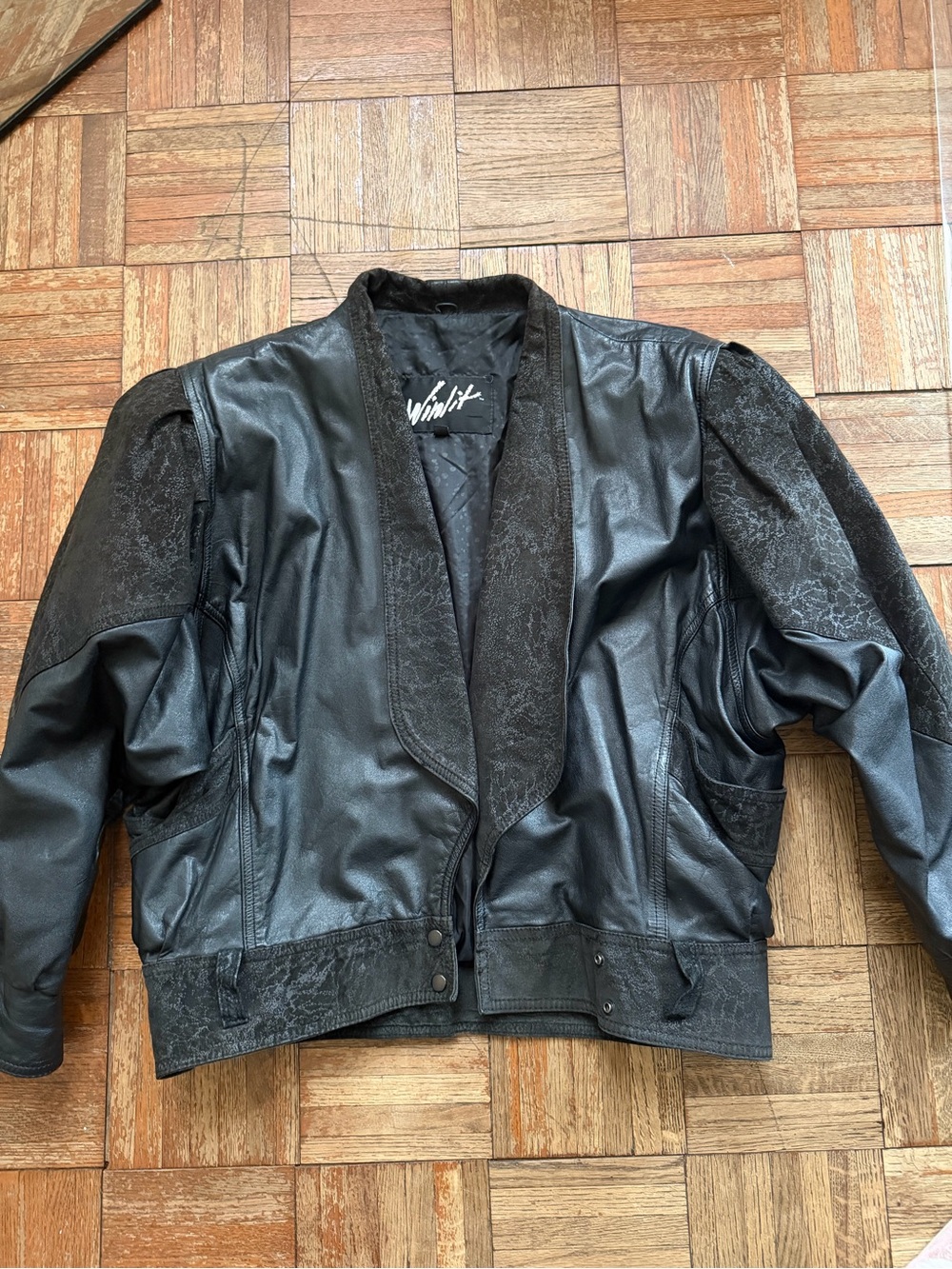 Women's Black Mixed-Material Leather Jacket by Winlit
